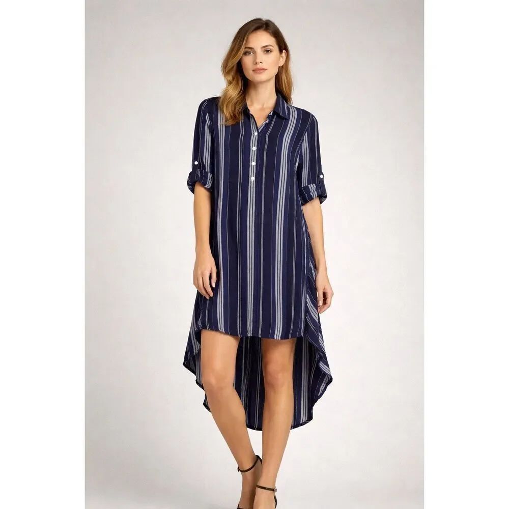 Max Edition Striped High Low Tunic Dress Small Blue Rayon